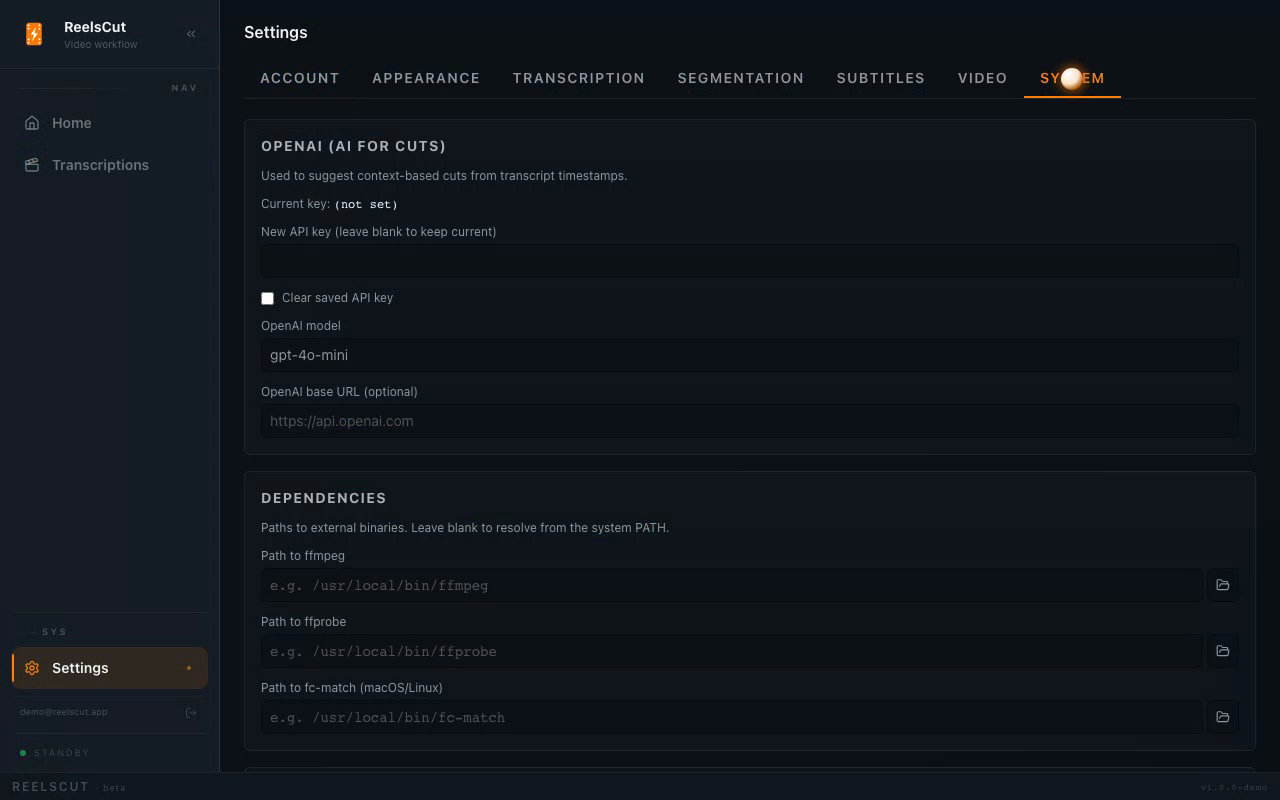 Screen recording of ReelsCut configuring OpenAI credentials for smarter cuts